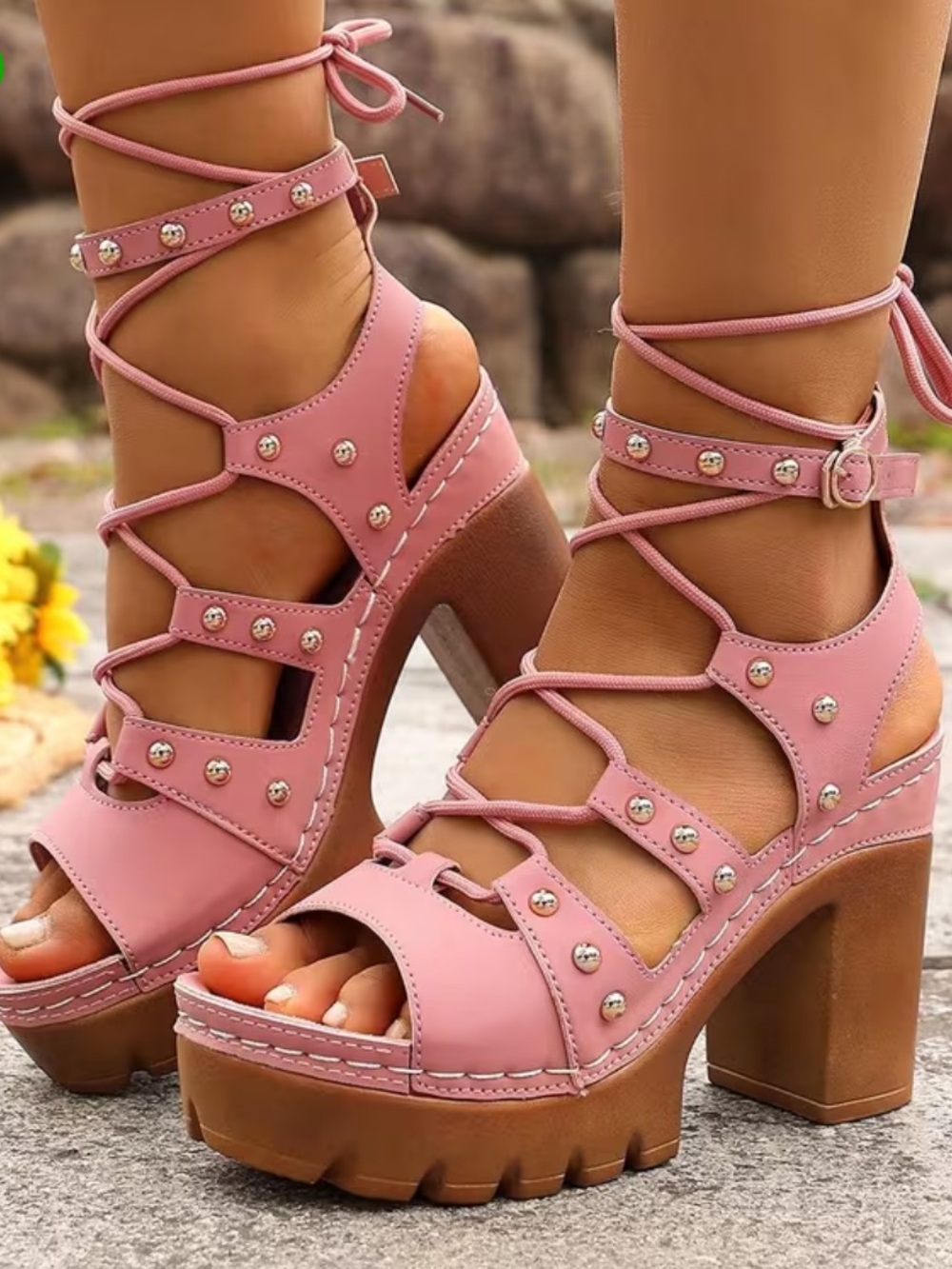Lace-Up Platform Heeled Sandals - Pink